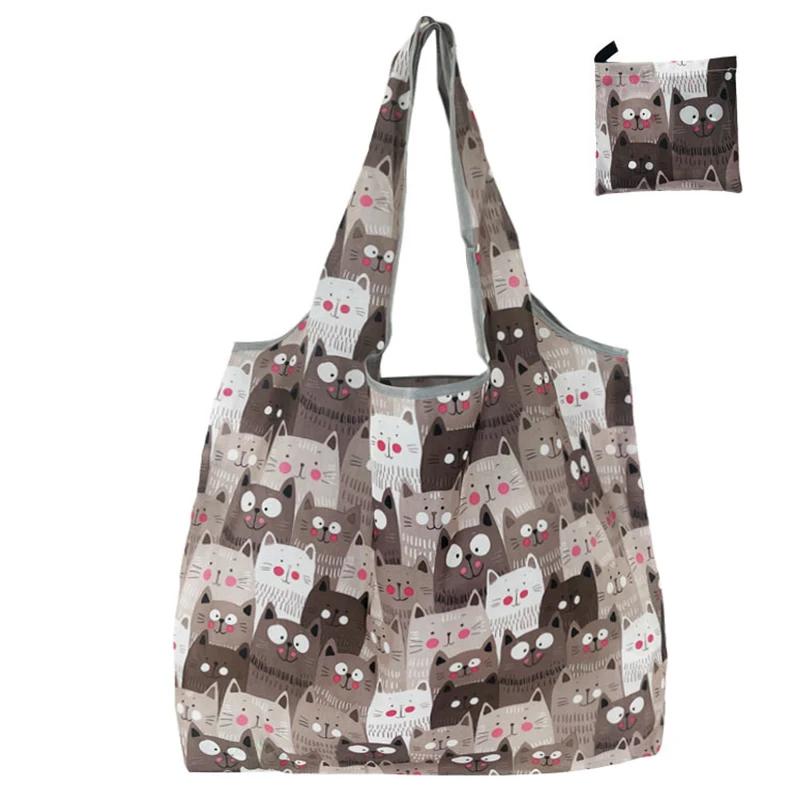 Grande bolsa de compras dobrável, Eco Bag reutilizável, Sacos de armazenamento portátil de frutas e legumes, Bolsa de impressão de gato - Image 1