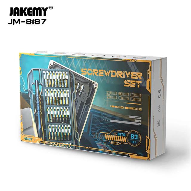 Set de Ferramentas de Reparo Eletrônico JAKEMY JM-8187 com Chave de Fenda Magnética e 83 Peças para Telefone, PC e Tablet