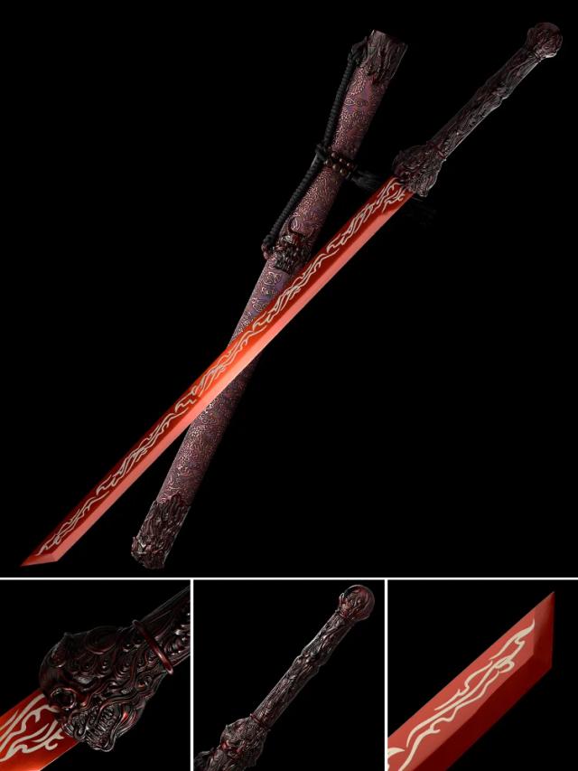 Espada chinesa tradicional forjada à mão, 108cm, aço t10, com lâmina de cor vermelha, real, tang completo, treinamento pronto, metal, tsuka, ghost catana