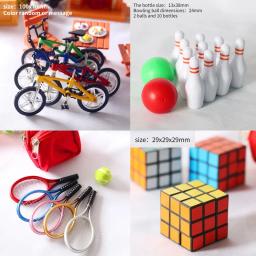 Dollhouse mini cena acessórios simulação mini artigos esportivos mountain bike skate beisebol boliche raquete de tênis modelo - Image 2