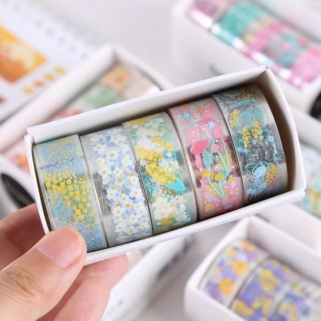 Fitas Adesivas Kawaii Transparentes para DIY - 5 Rolos de Adesivos Decorativos para Sketchbook e Papelaria Japonesa