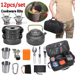 Conjunto de panelas de acampamento, 2-3 pessoa, liga de alumínio, aço inoxidável, chaleira ao ar livre, tigela, colher, faca, garfo, fogão, panela, frigideira Suprimentos - Image 1