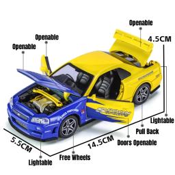 Carro de brinquedo Nissan GTR34 Skyline GTR para crianças, Diecast Racing, modelo em miniatura, som e luz, coleção Pull Back, presente para menino, 1:32 - Image 3