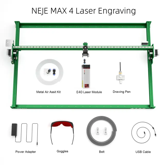 Gravador a Laser e Máquina de Corte Industrial Novo Neje Max4 E80 com 4 Eixos e Área de Trabalho Grande de 750x460mm para DIY em Madeira