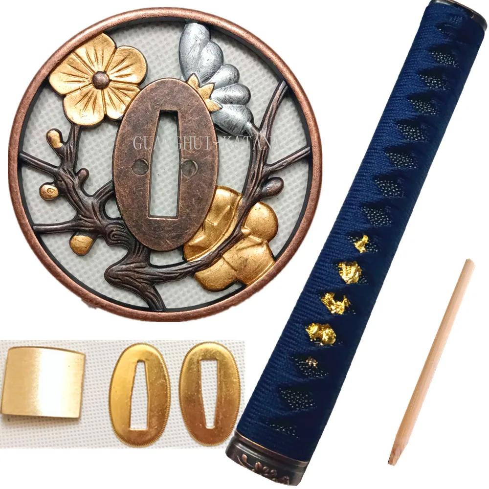 Conjunto de Espadas Samurai Japonesas, Katana Real Tsuka Azul, Wakizashi, Tanto, Tsuba, Menuki, Fuchi, Kashira, Habaki, Seppa - Image 1