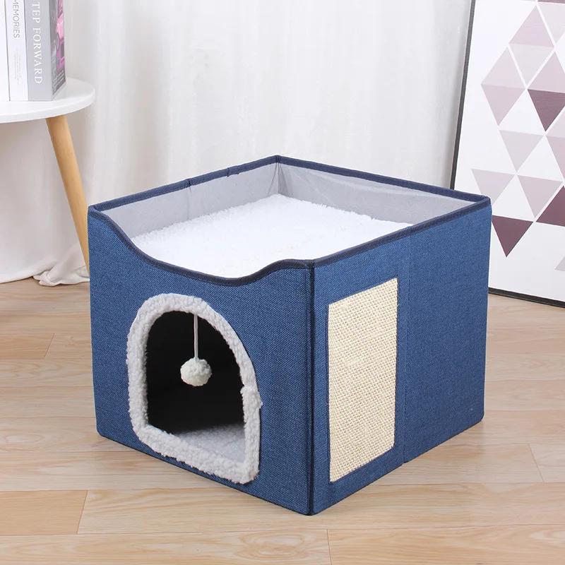 Ninho de cama para gatos, casa dobrável para caverna de gatinho, camada dupla, casinha quente de inverno com almofada para arranhões - Image 1