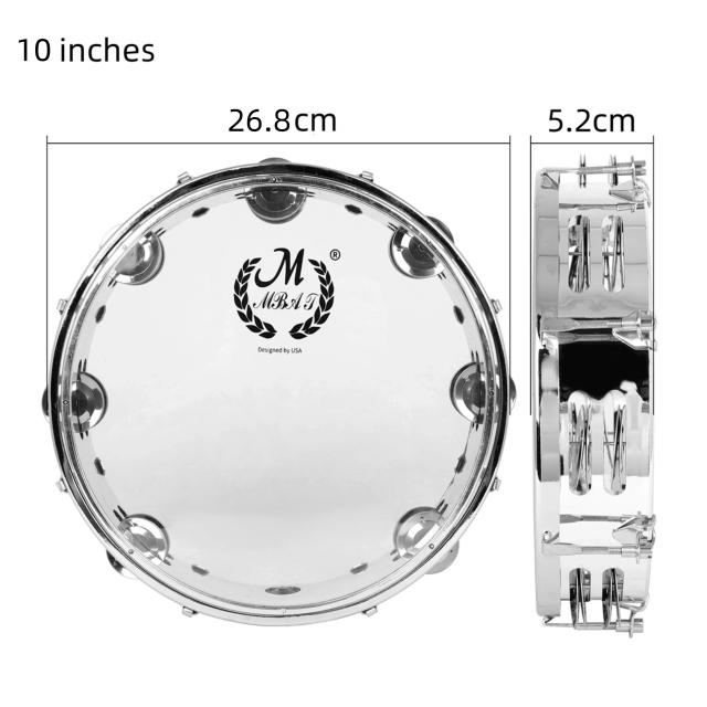 Tambor de mão ajustável para Dança Cristã - Pandeiro Orff de Dupla Fileira, 8" e 10"