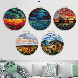 DIY Flower Embroidery Starter Kit com Padrão de Paisagem, Pano Cor Threads, Ferramentas sem aro, Costura Art Craft, Home Decor - Image 4