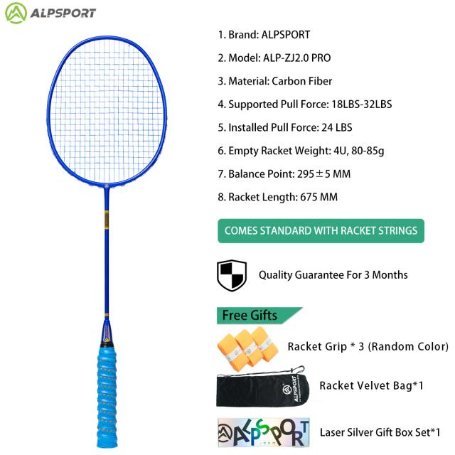 Alpsport ZJ2.0 PRO Raquete de Badminton Ultraleve 5U Fibra de Carbono