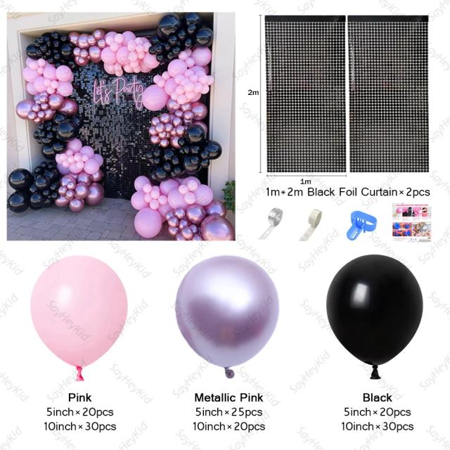 Kit de Decoração em Rosa e Preto com Arco e Balões Metálicos para Aniversários, Casamentos, Halloween e Festas de Ano Novo - 151 Peças