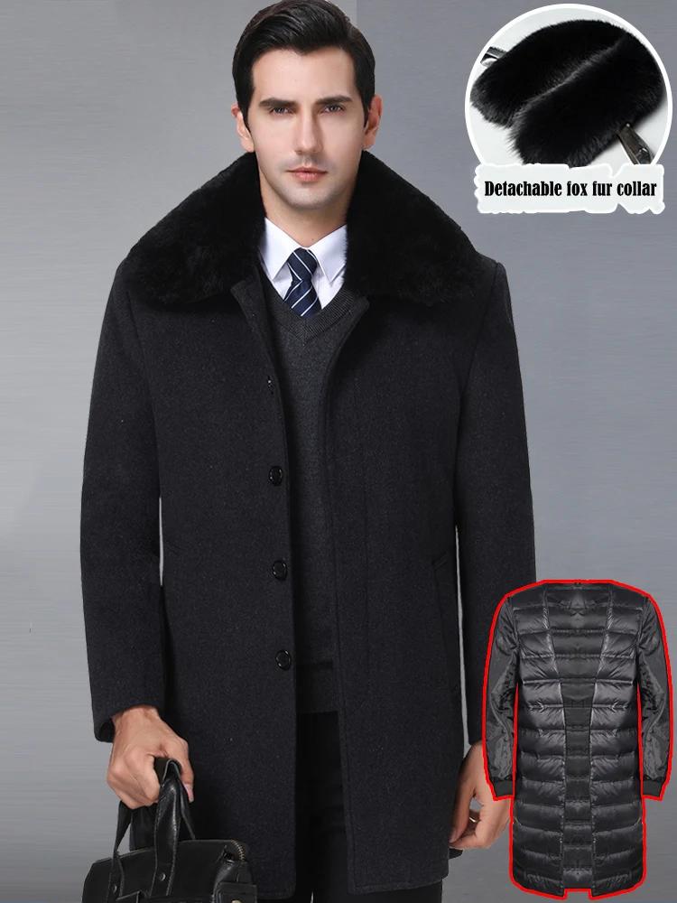 Casaco destacável de pele de raposa masculino, trincheira grossa de caxemira, jaquetas quentes, longo x, casacos de forro 6XL, nova moda - Image 1