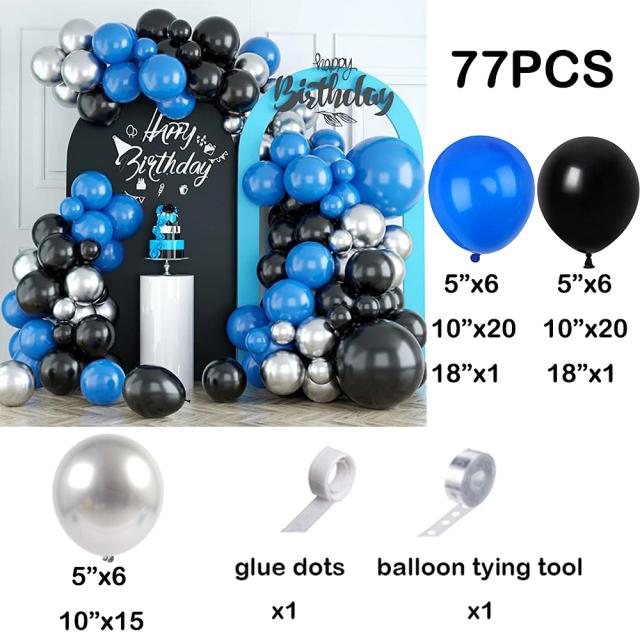 Kit de Decoração Arco de Balões Infantil para Aniversário, Graduação e Casamento com Guirlanda Prateada e Metálica em Azul Royal e Preto