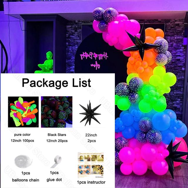 Arco de Balões de Néon com Starburst Preto para Decoração de Casamento e Aniversário - Conjunto Completo