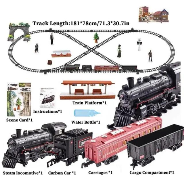 Conjunto de Trem Locomotiva a Vapor Elétrico com Fumaça, Luz e Som
