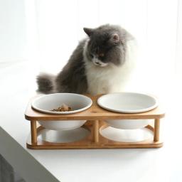 Comida de gato tigela de água com suporte de madeira pequeno cão duplo comer tigelas bebendo pet anti-derrubando pratos de alimentação gatos alimentadores de cachorro - Image 3