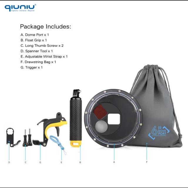 Porta Dome QIUNIU para GoPro Hero com Filtro Subaquático de 60m, Caixa de Mergulho Impermeável e Gatilho - Acessórios para GoPro 7, 6, 5