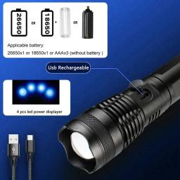 Poderosa lanterna led recarregável, tocha luz, zoom tático, acampamento ao ar livre, emergência, lâmpada ultra brilhante, bateria 25560 mAh - Image 5