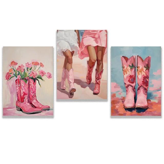 Pôster de Botas Rosa de Cowgirl Sem Moldura em Estilo Y2K - Pintura em Lona para Quartos e Salas Aconchegantes, Conjunto com 3 Peças