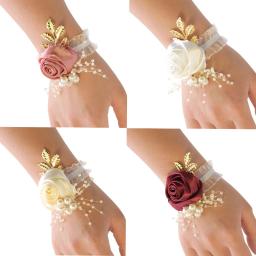 Meninas dama de honra pulso flores casamento baile festa boutonniere cetim rosa pulseira tecido mão flores casamento abastecimento acessórios - Image 2