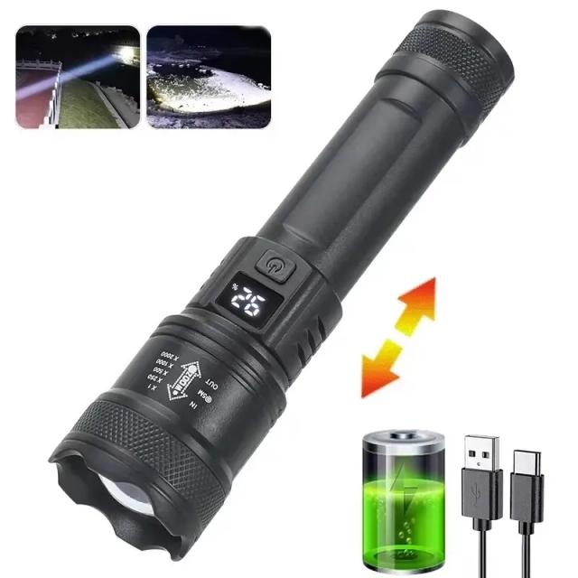 Lanterna LED USB Recarregável Super Brilhante e Impermeável para Camping e Pesca - 1.600.000 Lumens com Longo Alcance e Design Tático