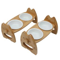 Tigela dupla cerâmica com suporte de madeira para animais de estimação, proteção do pescoço, bacia para cães e gatos, inclinação ajustável, tigelas separadas, acessórios para animais - Image 5
