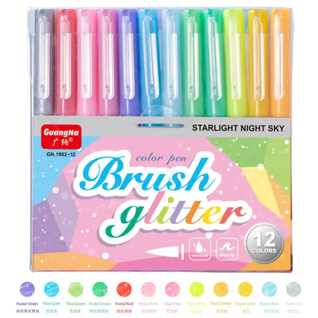 Caneta Brush Pen Metalizada com Glitter, Ponta Suave para Journaling e Projetos de Arte - 12 Cores Espumantes