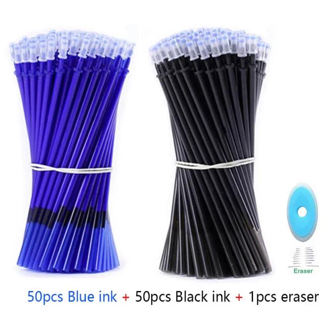 Recarga de Canetas Apagáveis em Preto e Azul - 100 Peças com Alça Lavável para Papelaria e Escritório