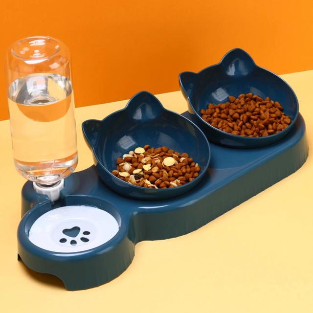 Alimentador Triplo 2 em 1 para Gatos e Cães com Tigelas Duplas e Garrafa Automática com Design Invertido e Giratório.