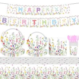 Louça descartável para festa, flor selvagem, placas de jantar, copos, guardanapos, feliz verão aniversário suprimentos, 8 convidados - Image 2