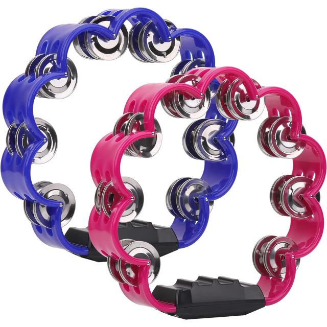 Dupla linha de pandeiro para adultos em forma de flor com jingles metálicos – Pacote com 2 tambores de percussão portátil de 8.25" para igrejas e festas