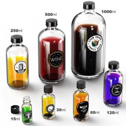 Garrafas de vidro redondas com tampas pretas, âmbar, claro, Boston, para fermentação secundária do Kombuchá e produtos químicos do laboratório, Ks-Tek - Image 1