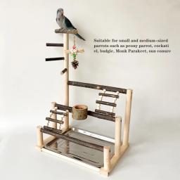Bird Playground Natural Wood Perch Stand com Bandeja De Aço Inoxidável, Bird Ladder, Alimentando Cup, Bird Supplies, Bird Acessórios - Image 1