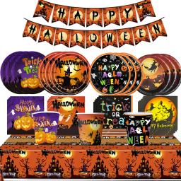 Louça descartável Set for Happy Halloween, abóbora, bruxa, placas de papel, copos, palhas, Home Party Decoration, Abastecimento - Image 1