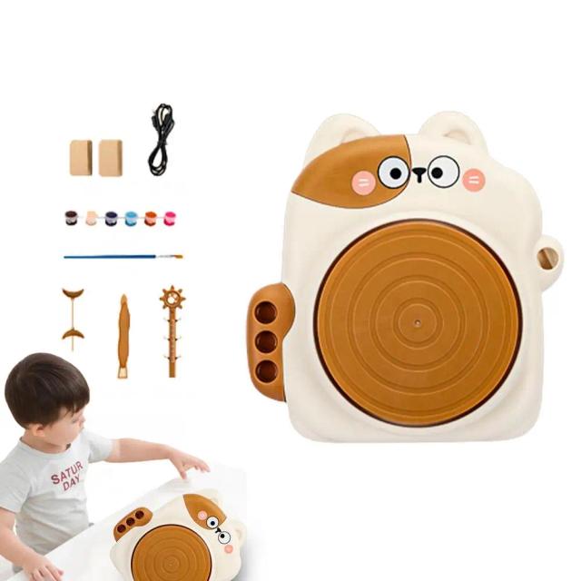 Conjunto de Roda de Cerâmica Infantil com Ferramentas de Escultura e Velocidade Ajustável - Máquina de Cerâmica para Crianças com Tema de Gato