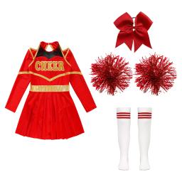 Fato de torcida feminino, Líder de torcida, Vestido de dança brilhante, Uniforme com Pom Poms, Esportes do Dia das Bruxas, Roupas alegres, Crianças - Image 3