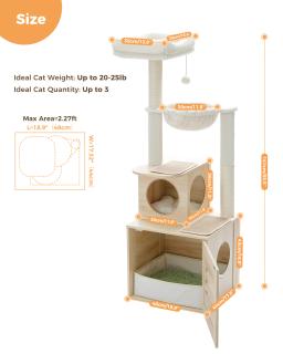 Árvore de madeira com caixa de areia para gatos Torre grande Arranhador Rede, Raspador de poleiro grande, Acessórios para gatos, Brinquedos - Image 6