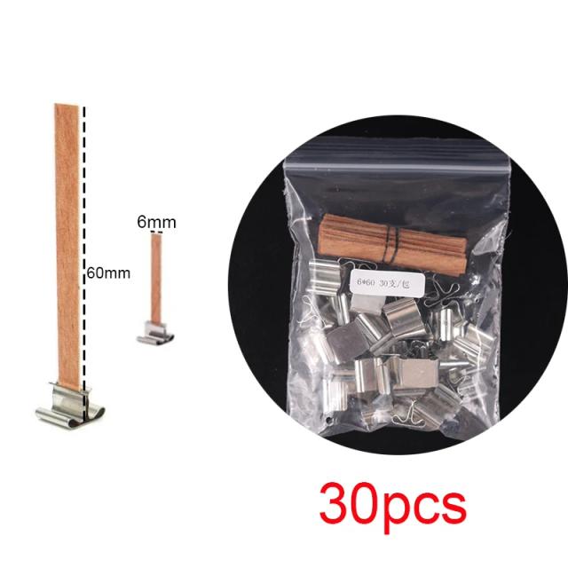 Conjunto de 30 Pavios de Vela de Madeira Natural com Clip Base para Artesanato em Vela Sem Fumaça com Cera de Parafina de Soja