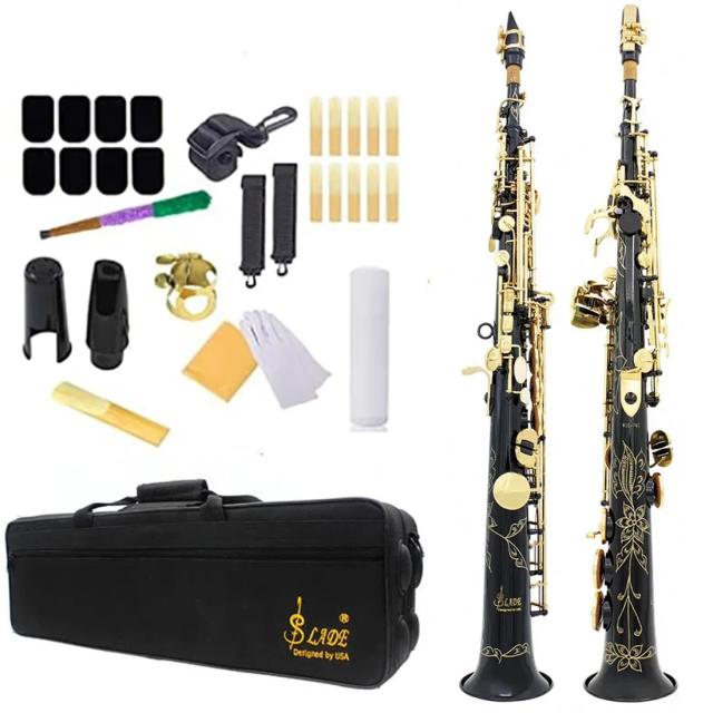 Saxofone Soprano Bb em Latão Banhado a Ouro com Chave B, Inclui Boquilha, Estojo, Palhetas e Acessórios para Cuidados