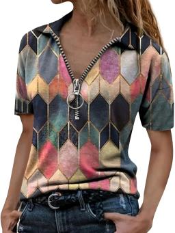 Camisa polo feminina versátil, fácil de cuidar, conforto elástico, zíper elegante, design geométrico, roupa casual cotidiana, para todas as estações - Image 1