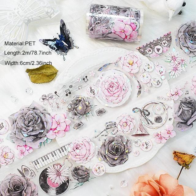 Rolo de Adesivos de Flor em PET para Scrapbooking e DIY, Fita Washi para Meninas, 2m de Criatividade e Decoração