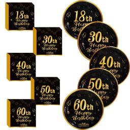 Louça Descartável para Adultos, Artigos para Festas de Aniversário, Pratos e Guardanapos de Papel Preto e Dourado, Decoração para Festa, 18 30 40 50 60 - Image 1