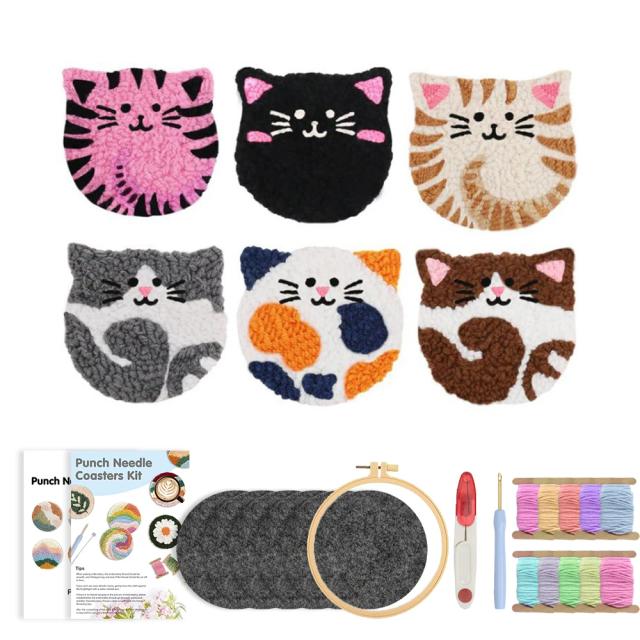 Kit Agulhas Perfuração Iniciantes Adultos Crianças Gato Porta Copos Tecido Aro Fio Tapete Tufos Arte Artesanato