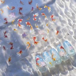 Koi Nail Art Adesivos, Colorido, Koi, Flor, Goldfish, Mar, Carpa, Peixe Vermelho, Golfinho, Sereia, Soft Relief, Manicure Decalques - Image 1
