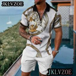 Fato de treino casual impresso em 3D masculino, conjunto de roupas esportivas, camiseta de manga curta, polo de lapela, roupas masculinas, jogging, verão - Image 2