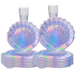 Talheres descartáveis de concha, decoração de festa de aniversário para menina, com tema de oceano, sereia, copo, placa e decoração de primeiro aniversário, baby - Image 1