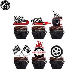 Suprimentos para festa de carro de corrida para meninos, banner de feliz aniversário, placas e guardanapos de carro de corrida verificados, copos de pista de corrida, toppers de bolo de roda - Image 4