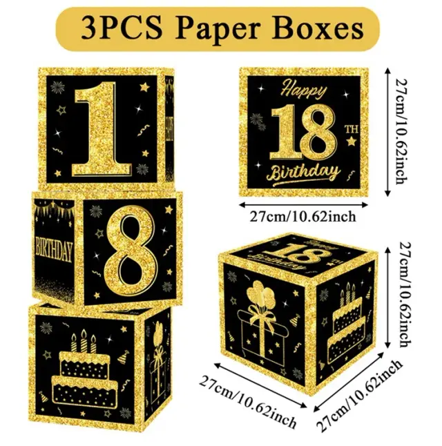 Caixa de Cartas de Aniversário Elegante em Preto e Dourado para Adultos de 18 a 60 Anos - Decoração e Itens para Festa