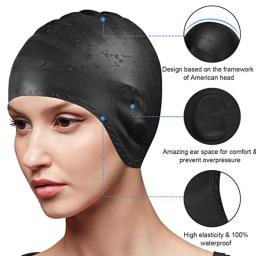 Touca de natação à prova d'água - Alta elasticidade, proteção para as orelhas, touca de mergulho grande de silicone para maior conforto e durabilidade - Image 3