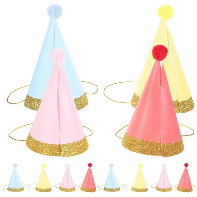 Conjunto de 12 Chapéus de Aniversário Infantil em Pom Pom com Glitter e Borda Dourada - Decoração Perfeita para Festas (Rosa, Vermelho, Amarelo)