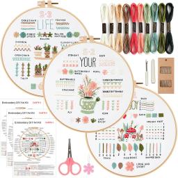 Bordado Starter Kit para Iniciantes, Stitches Practice Kit, Stamped Cross Stitch Sets com Ferramentas, 3 Sets - Image 2